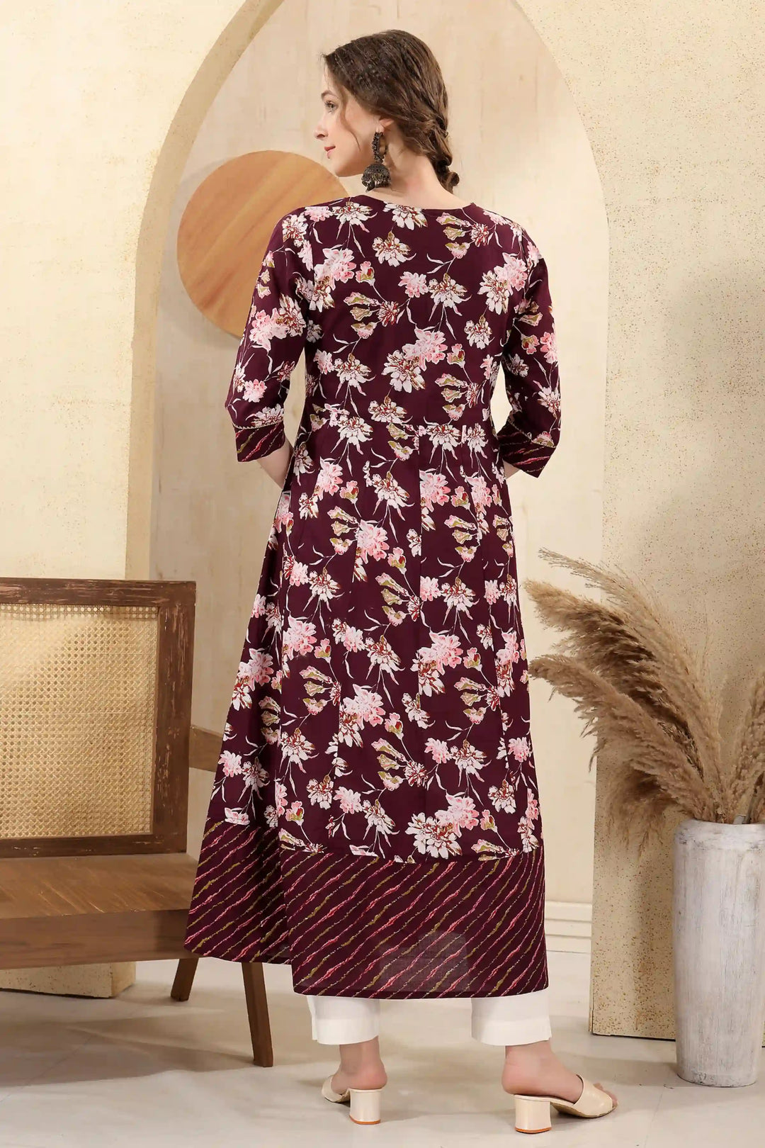 Wine Cotton Long Kurti | Designer Printed & Sequins Embroidery Work
