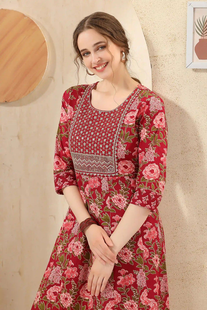 Festive Wear Kurti | Maroon, Designer Printed & Sequins Work