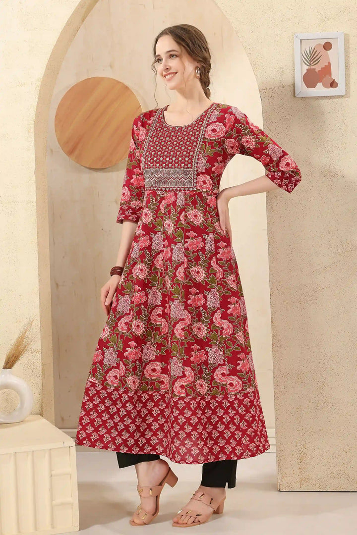 Festive Wear Kurti | Maroon, Designer Printed & Sequins Work