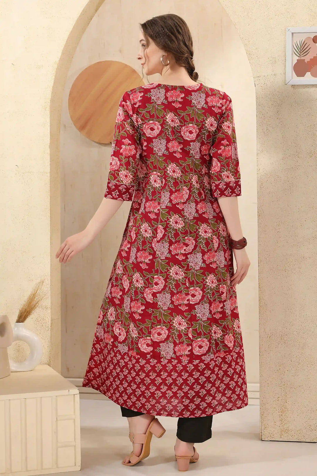 Festive Wear Kurti | Maroon, Designer Printed & Sequins Work
