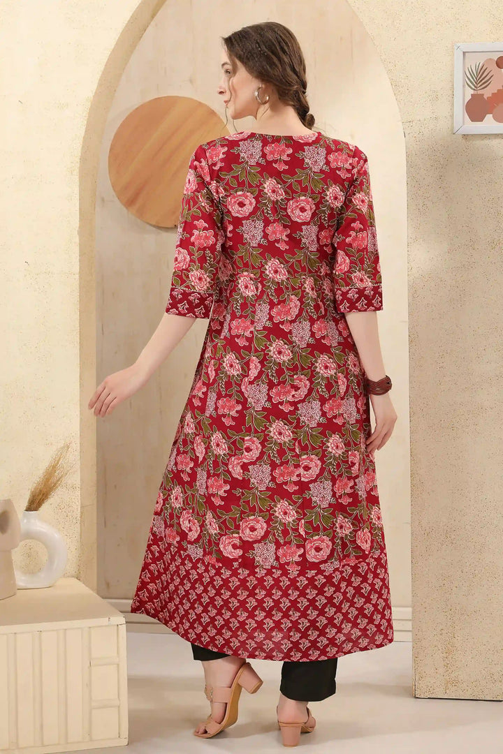 Festive Wear Kurti | Maroon, Designer Printed & Sequins Work