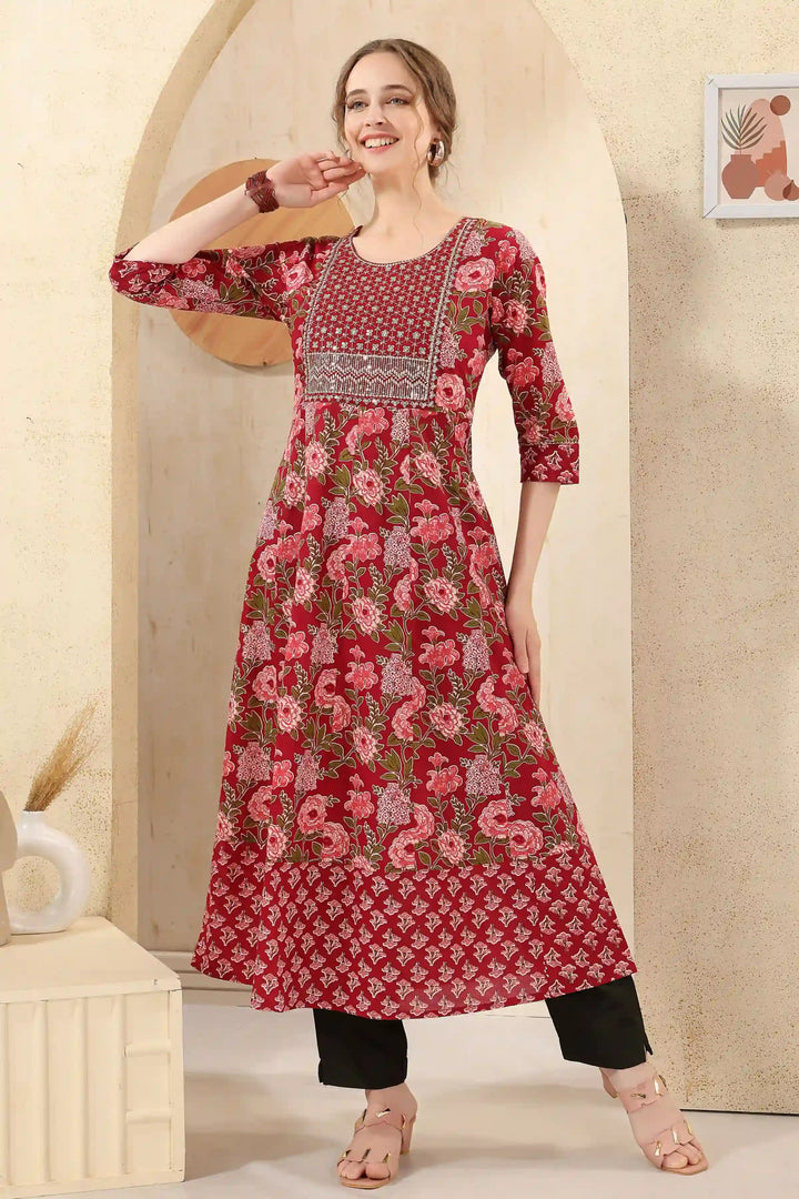 Festive Wear Kurti | Maroon, Designer Printed & Sequins Work