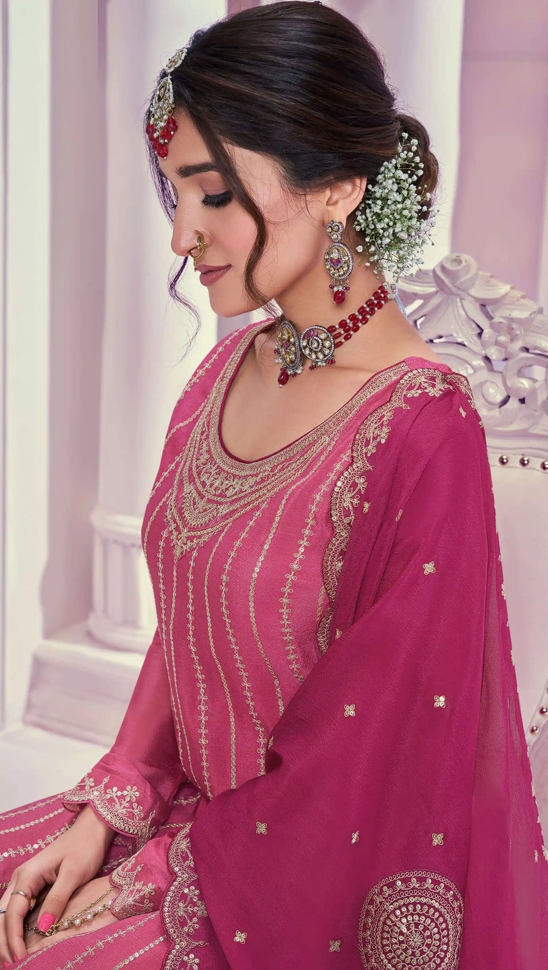Chic Pink Sharara Suit | Chinon Fabric Heavy Embroidery Work