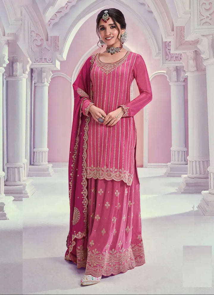 Chic Pink Sharara Suit | Chinon Fabric Heavy Embroidery Work