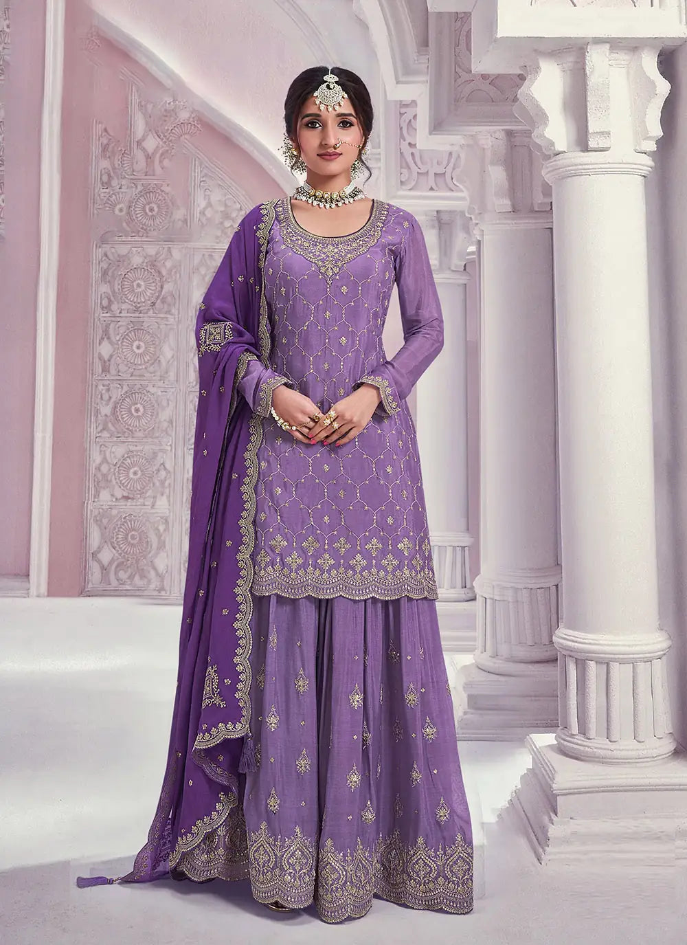 Premium Pink Sharara Suit | Heavy Designer Work Chinon Fabric