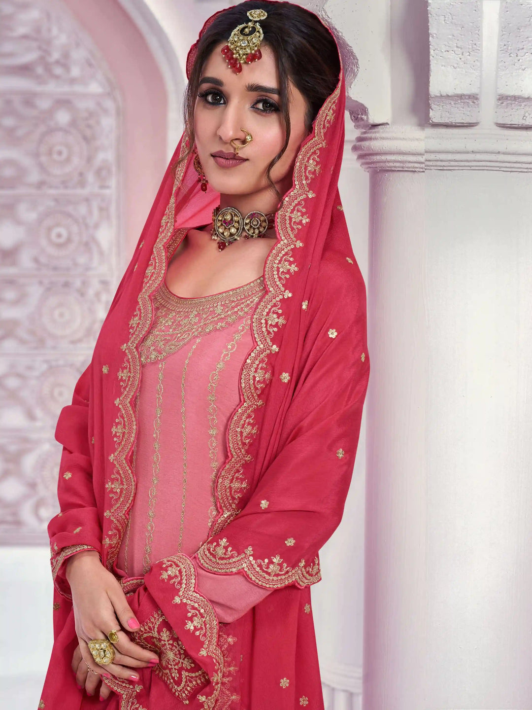Chic Pink Sharara Suit | Chinon Fabric Heavy Embroidery Work