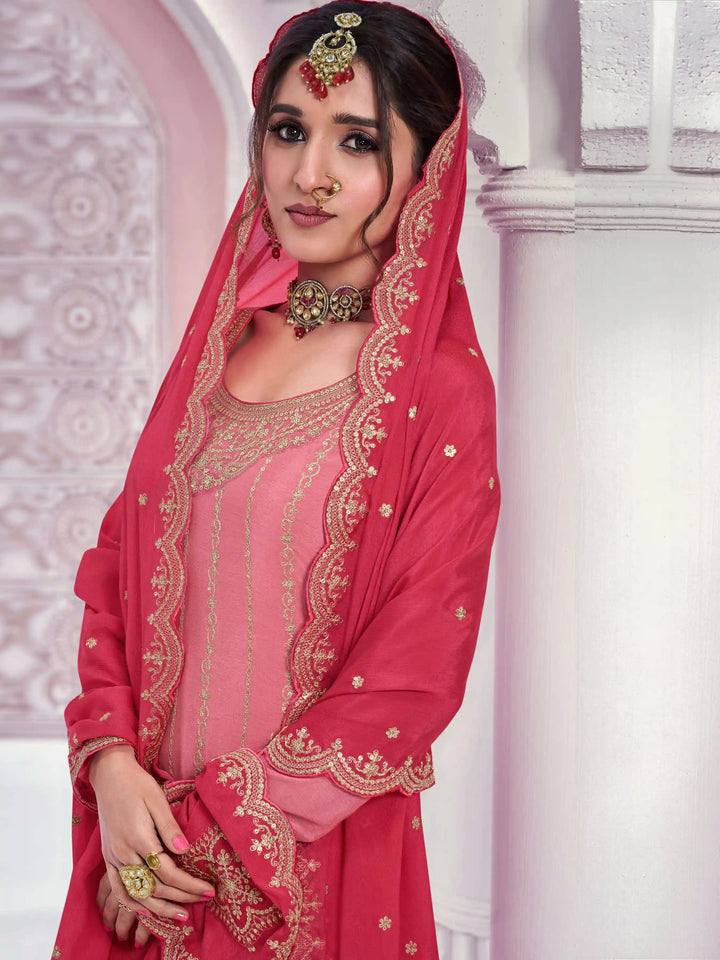 Chic Pink Sharara Suit | Chinon Fabric Heavy Embroidery Work