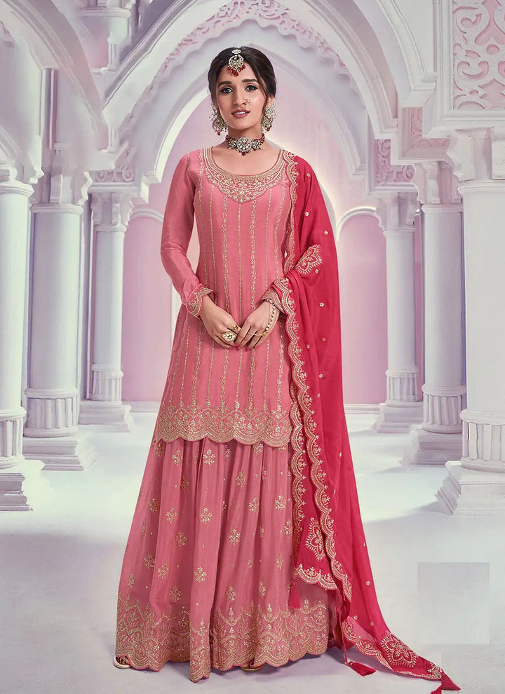 Chic Pink Sharara Suit | Chinon Fabric Heavy Embroidery Work