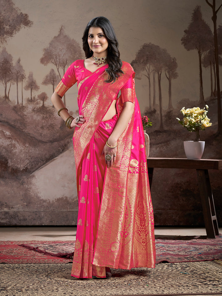 Rani Pink Soft Lichi Silk Saree | Wevon Rich Pallu Designer Elegance
