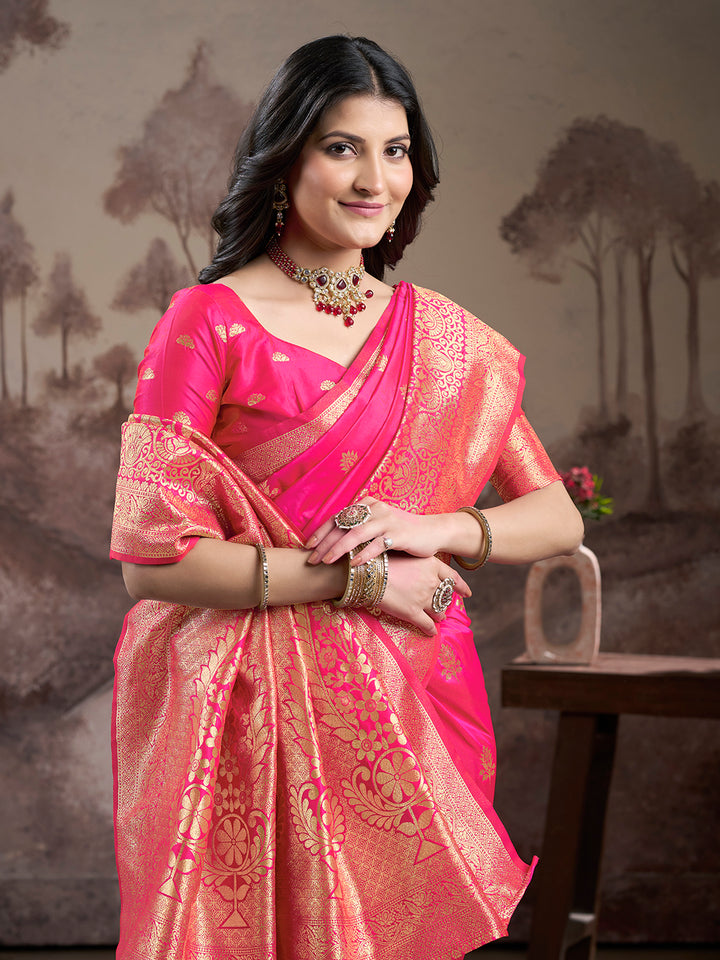 Rani Pink Soft Lichi Silk Saree | Wevon Rich Pallu Designer Elegance