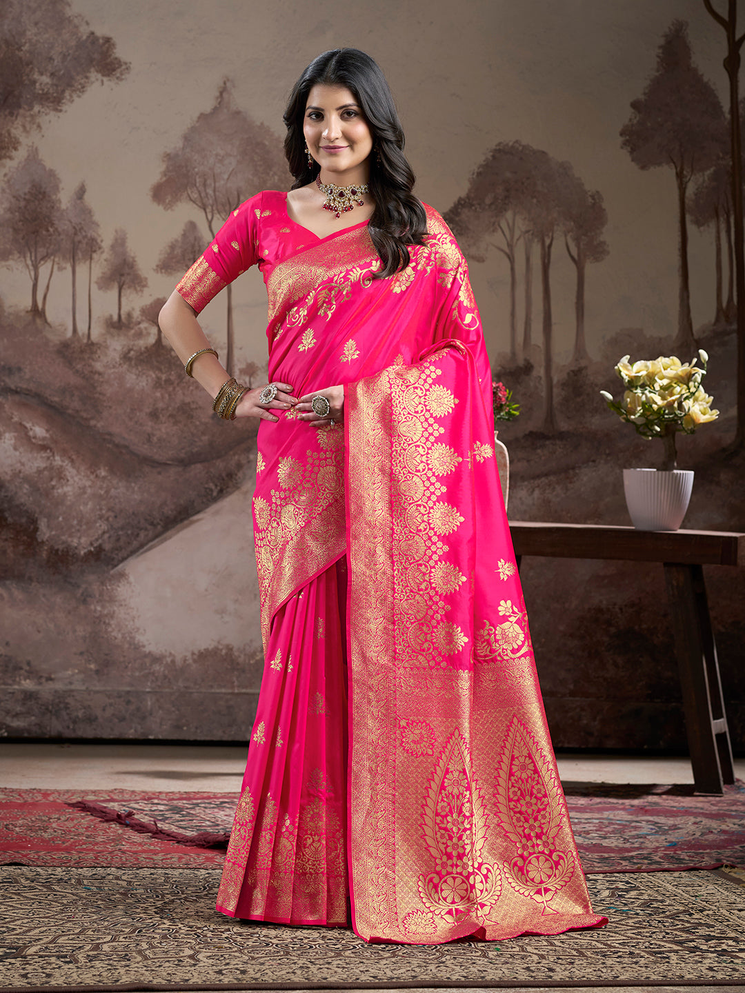 Rani Pink Soft Lichi Silk Saree | Wevon Rich Pallu Designer Elegance