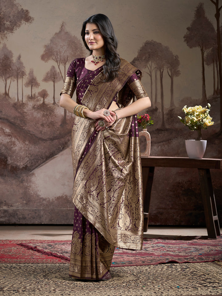 Designer Lichi Silk Saree | Wine Color with Rich Pallu Elegant Attire