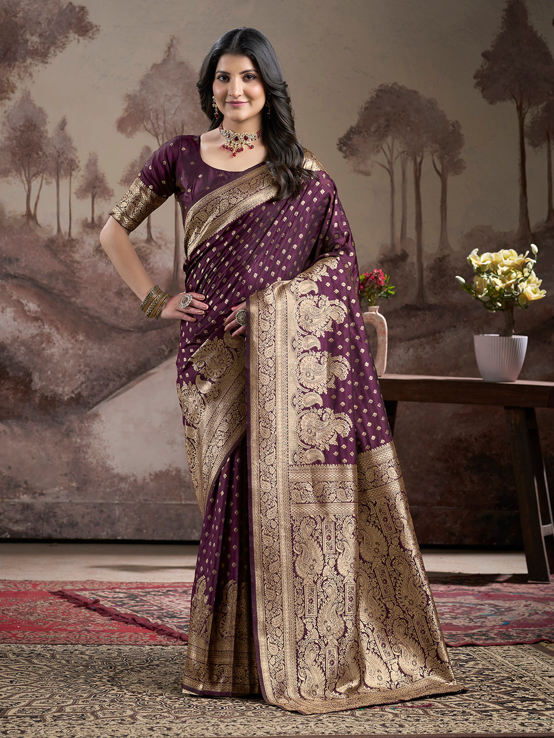 Designer Lichi Silk Saree | Wine Color with Rich Pallu Elegant Attire