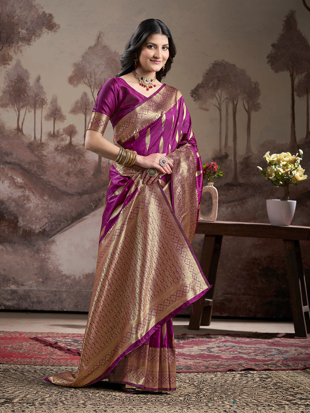 Traditional Soft-Wine Silk Saree | Lichi Silk with Rich Pallu Work