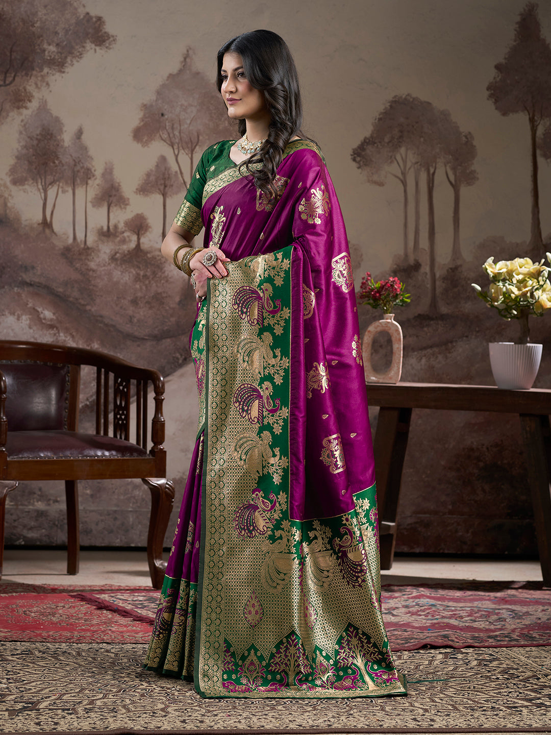 Magenta Lichi Silk Saree | Wevon Rich Pallu Designer Blouse