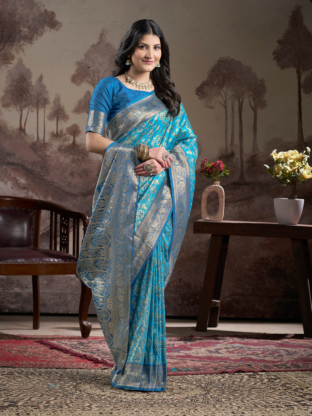 Sky Blue Lichi Silk Saree with Designer Pallu – Festive & Elegant Ethnic Wear