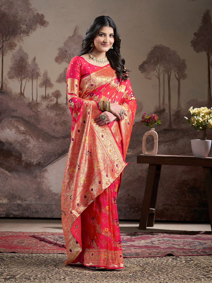 Vibrant Red Orange Saree | Luxurious Lichi Silk with Elegant Blouse