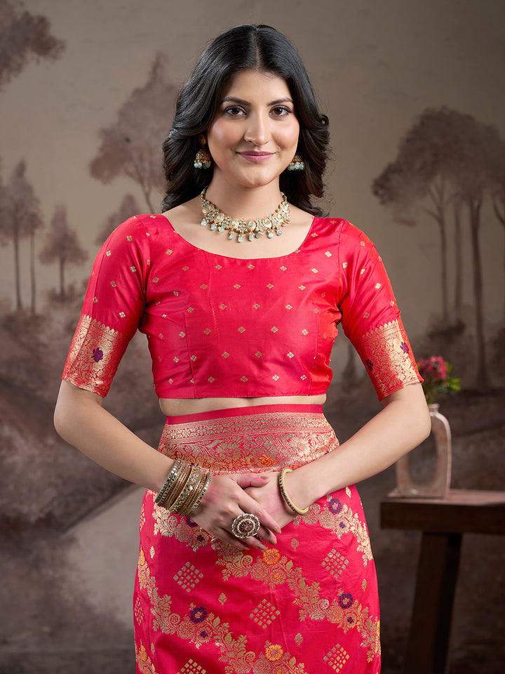 Vibrant Red Orange Saree | Luxurious Lichi Silk with Elegant Blouse