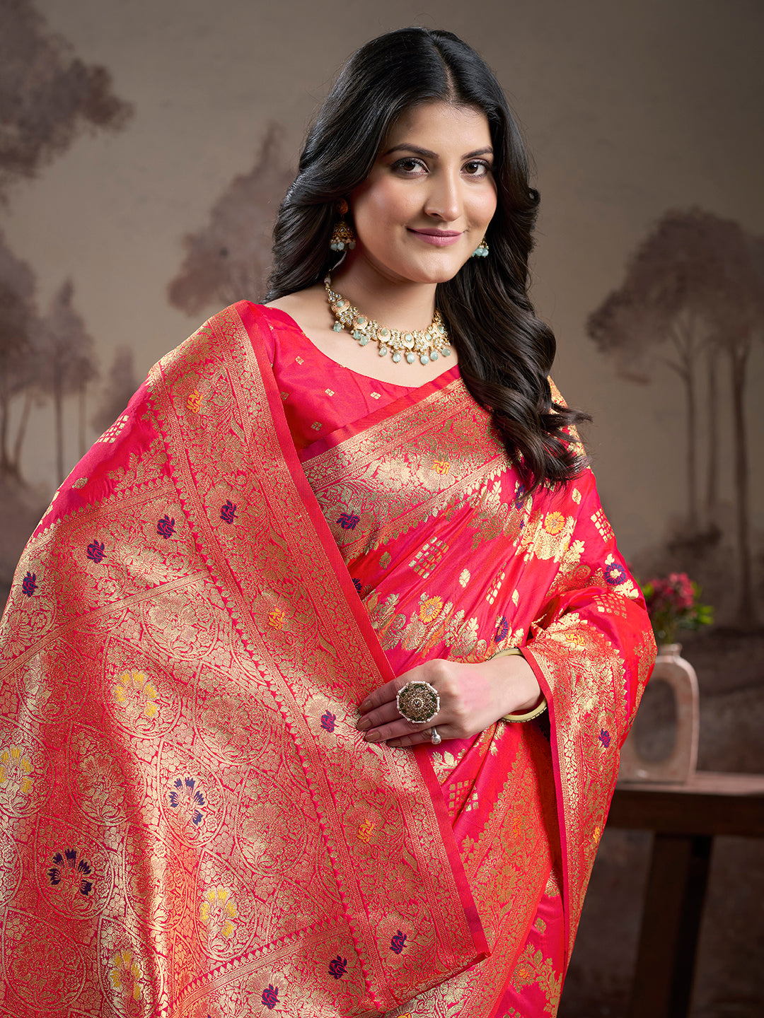 Vibrant Red Orange Saree | Luxurious Lichi Silk with Elegant Blouse