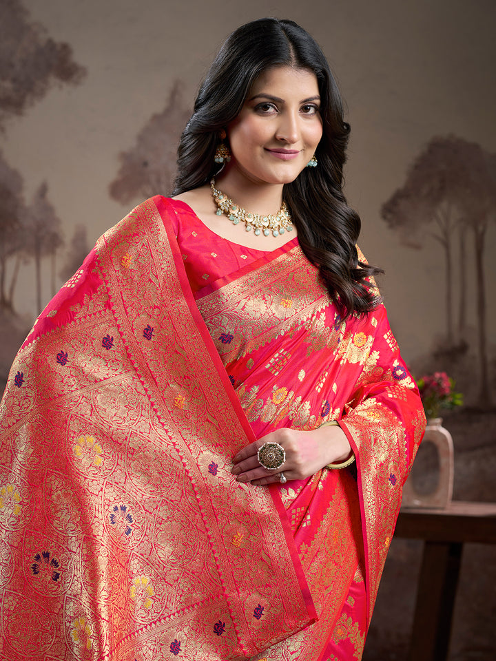 Vibrant Red Orange Saree | Luxurious Lichi Silk with Elegant Blouse