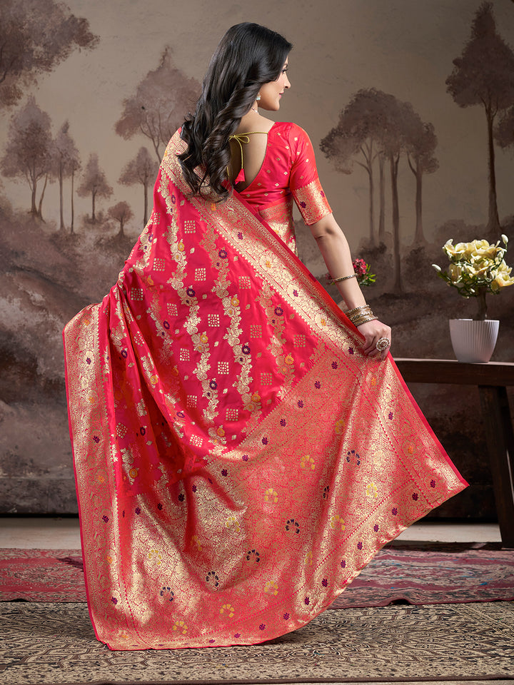 Vibrant Red Orange Saree | Luxurious Lichi Silk with Elegant Blouse