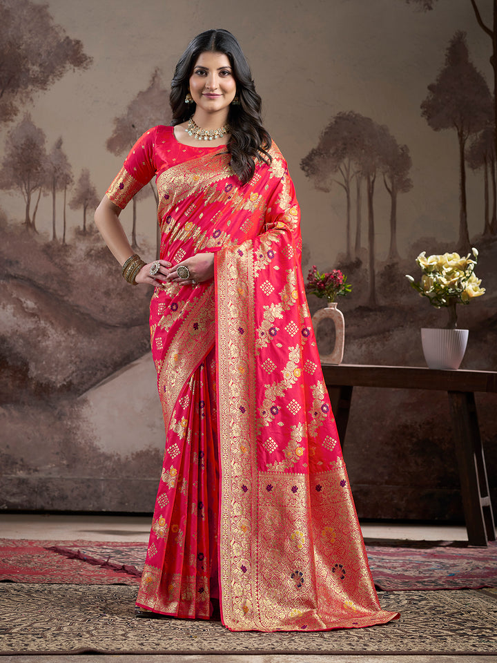 Vibrant Red Orange Saree | Luxurious Lichi Silk with Elegant Blouse