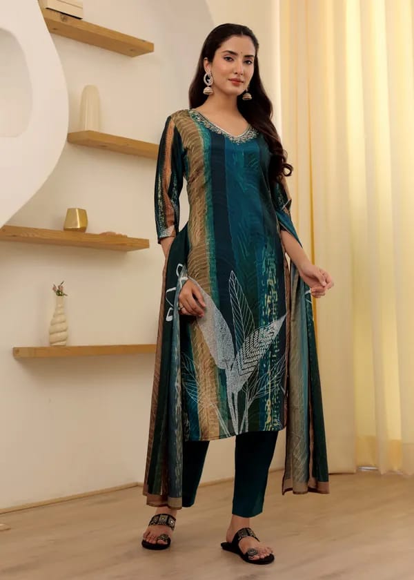 Teal Blue Rayon Slub Suit | Printed & Embroidery Work Salwar Set