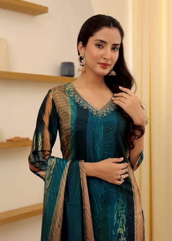 Teal Blue Rayon Slub Suit | Printed & Embroidery Work Salwar Set