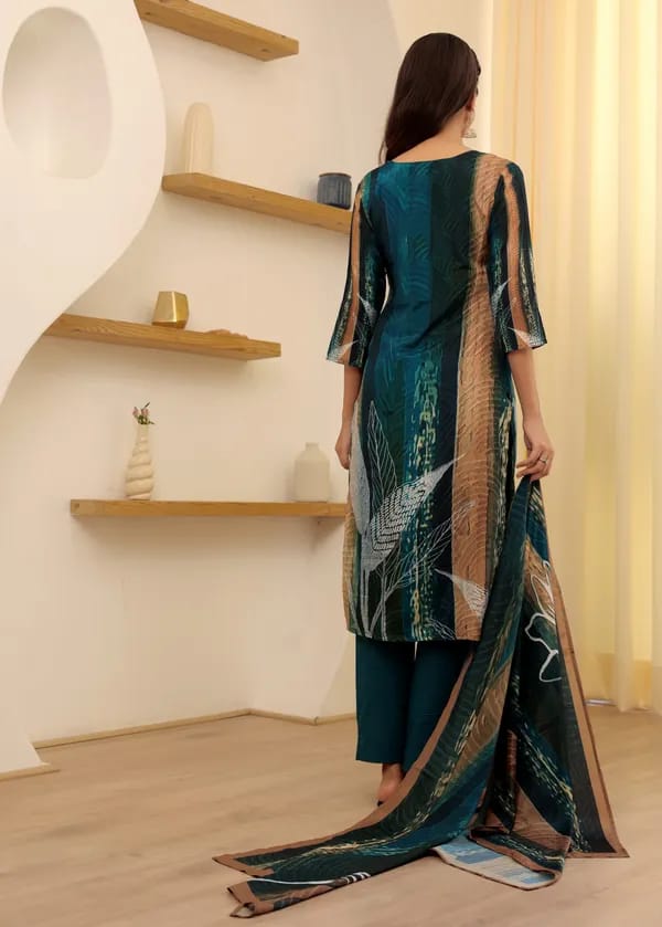 Teal Blue Rayon Slub Suit | Printed & Embroidery Work Salwar Set