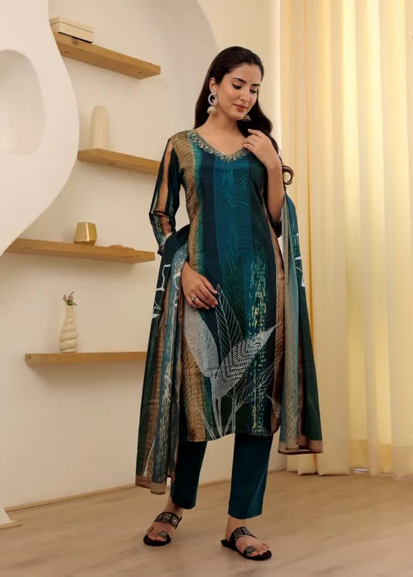 Teal Blue Rayon Slub Suit | Printed & Embroidery Work Salwar Set