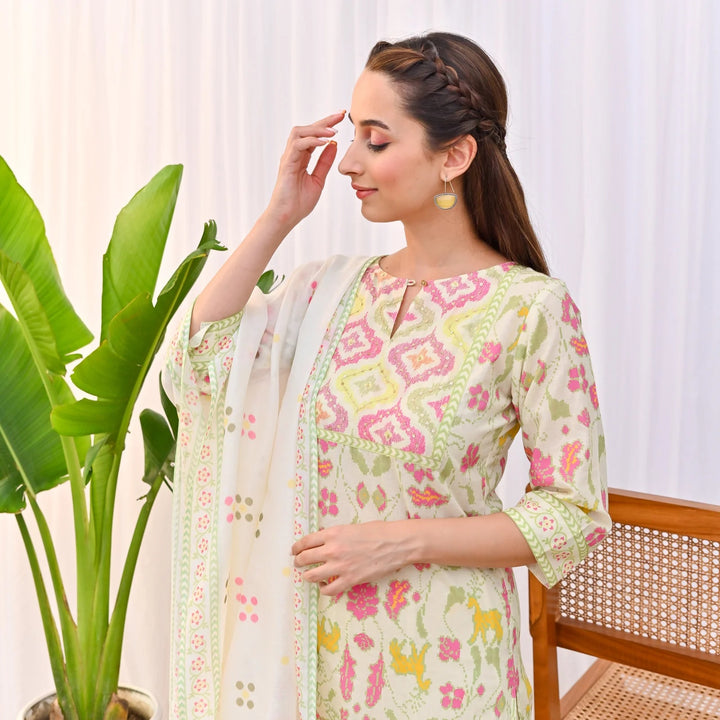 Designer Rayon Slub Salwar Suit | Printed & Embroidered with Chanderi Dupatta