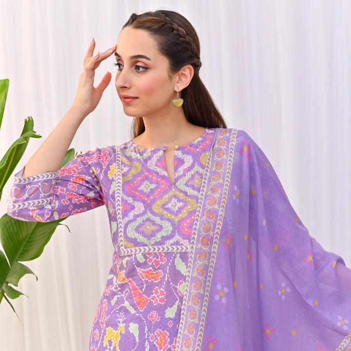 Designer Rayon Slub Salwar Suit | Printed & Embroidered with Chanderi Dupatta