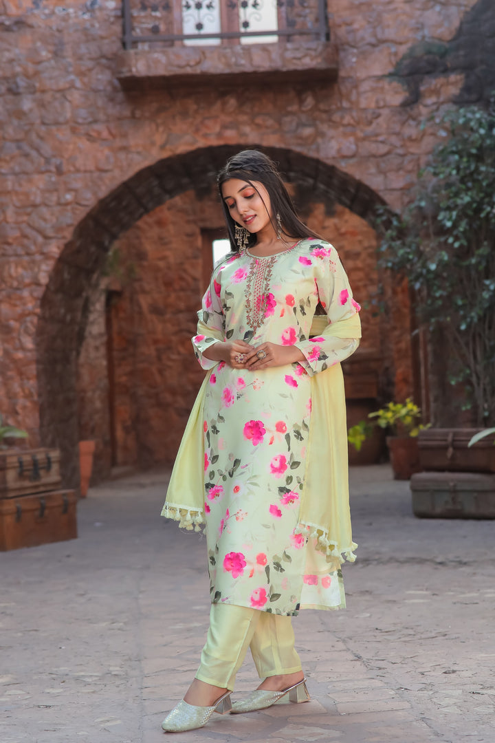 Pista Green Cotton Salwar Suit | Embroidery & Printed Work Festive Wear
