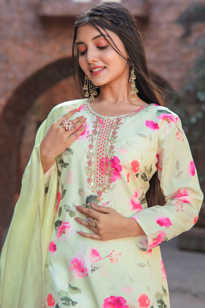 Pista Green Cotton Salwar Suit | Embroidery & Printed Work Festive Wear