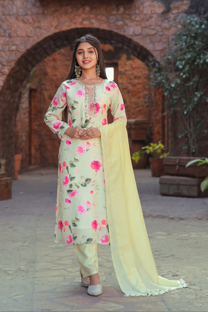 Pista Green Cotton Salwar Suit | Embroidery & Printed Work Festive Wear