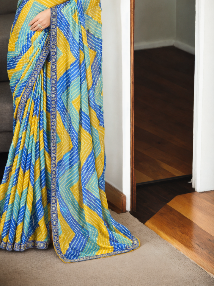 Traditional Chinon Saree | Bandhani Print & Lace Border Festive Wear