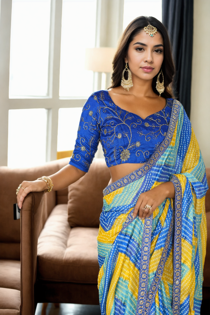 Traditional Chinon Saree | Bandhani Print & Lace Border Festive Wear