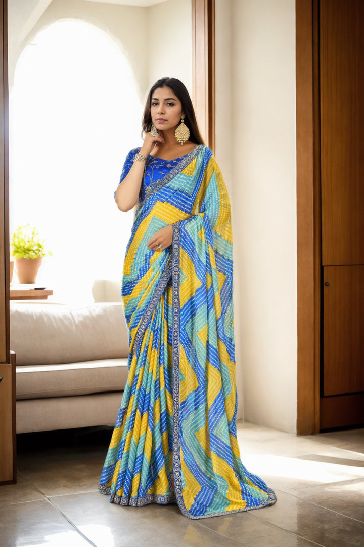 Traditional Chinon Saree | Bandhani Print & Lace Border Festive Wear