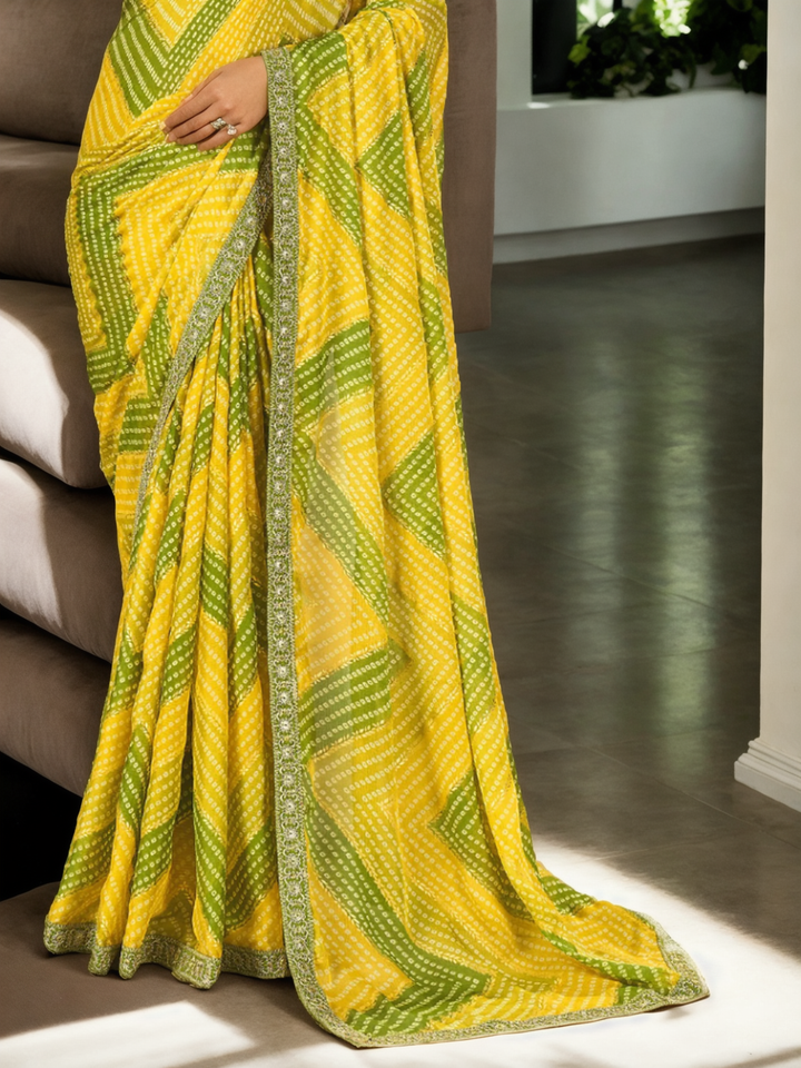 Traditional Chinon Saree | Bandhani Print & Lace Border Festive Wear