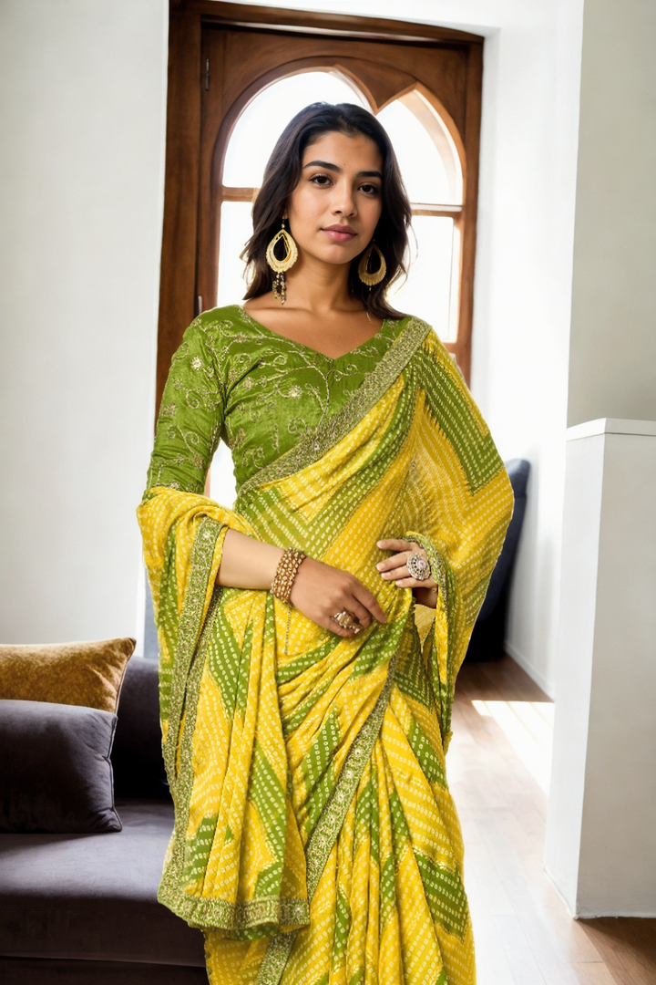 Traditional Chinon Saree | Bandhani Print & Lace Border Festive Wear