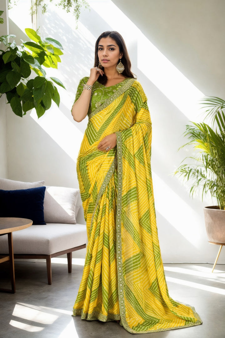 Traditional Chinon Saree | Bandhani Print & Lace Border Festive Wear