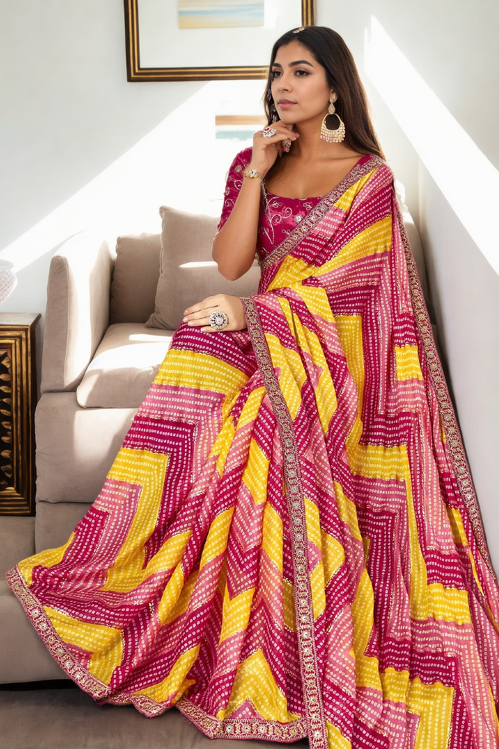 Traditional Chinon Saree | Bandhani Print & Lace Border Festive Wear