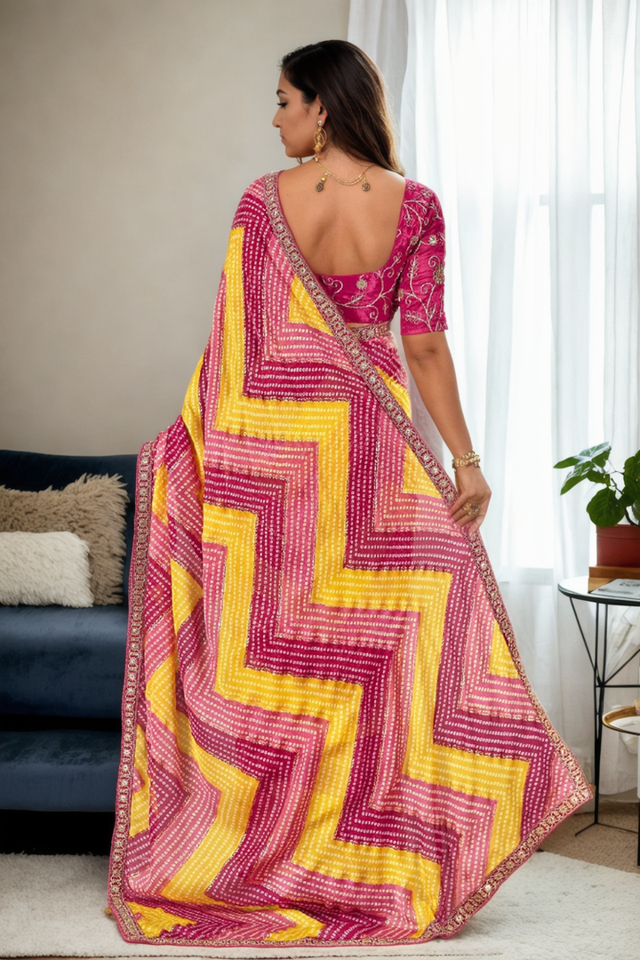 Traditional Chinon Saree | Bandhani Print & Lace Border Festive Wear