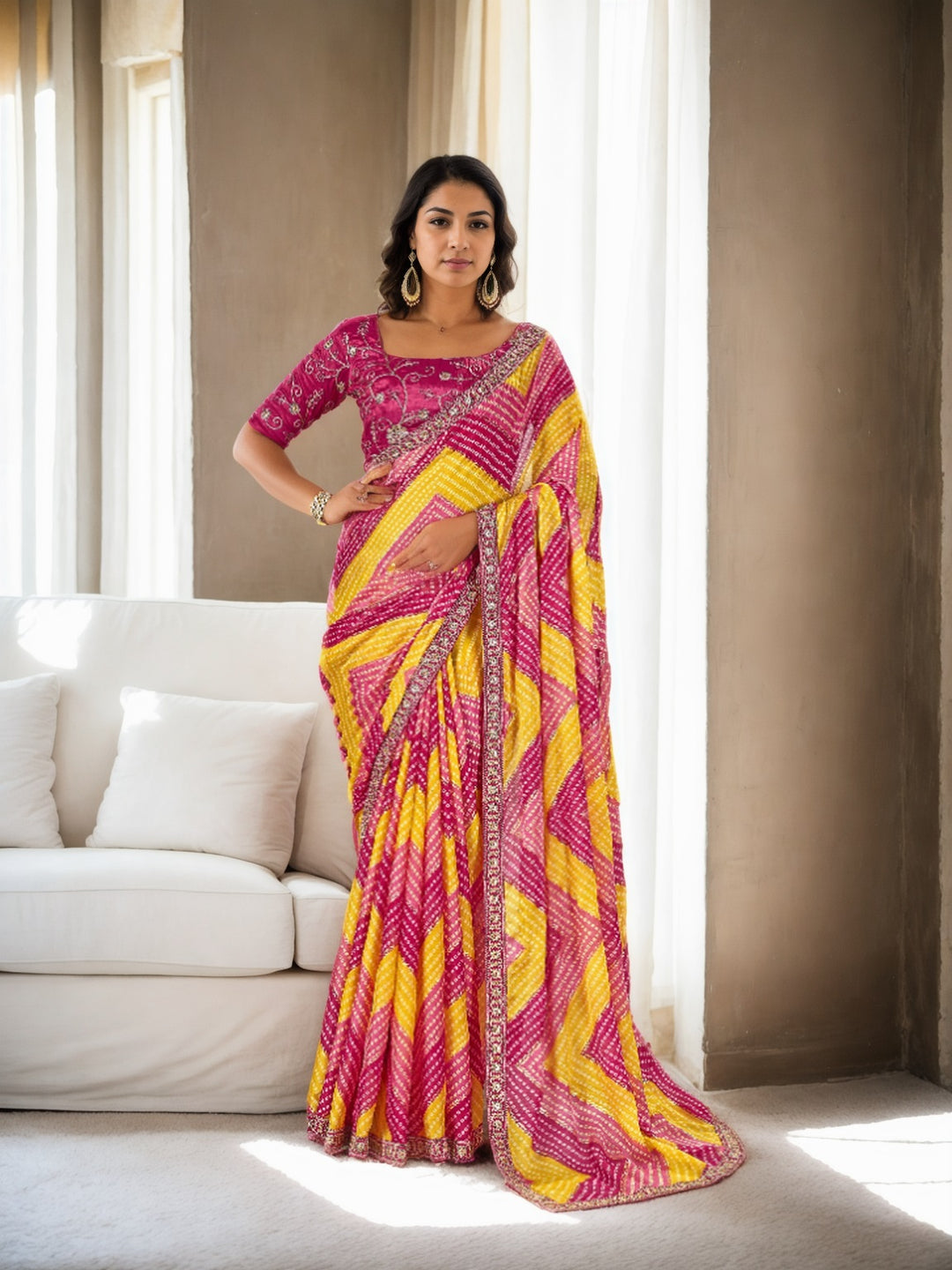 Traditional Chinon Saree | Bandhani Print & Lace Border Festive Wear
