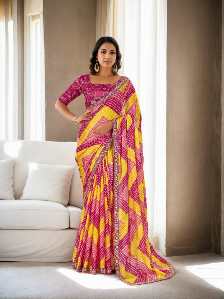 Traditional Chinon Saree | Bandhani Print & Lace Border Festive Wear