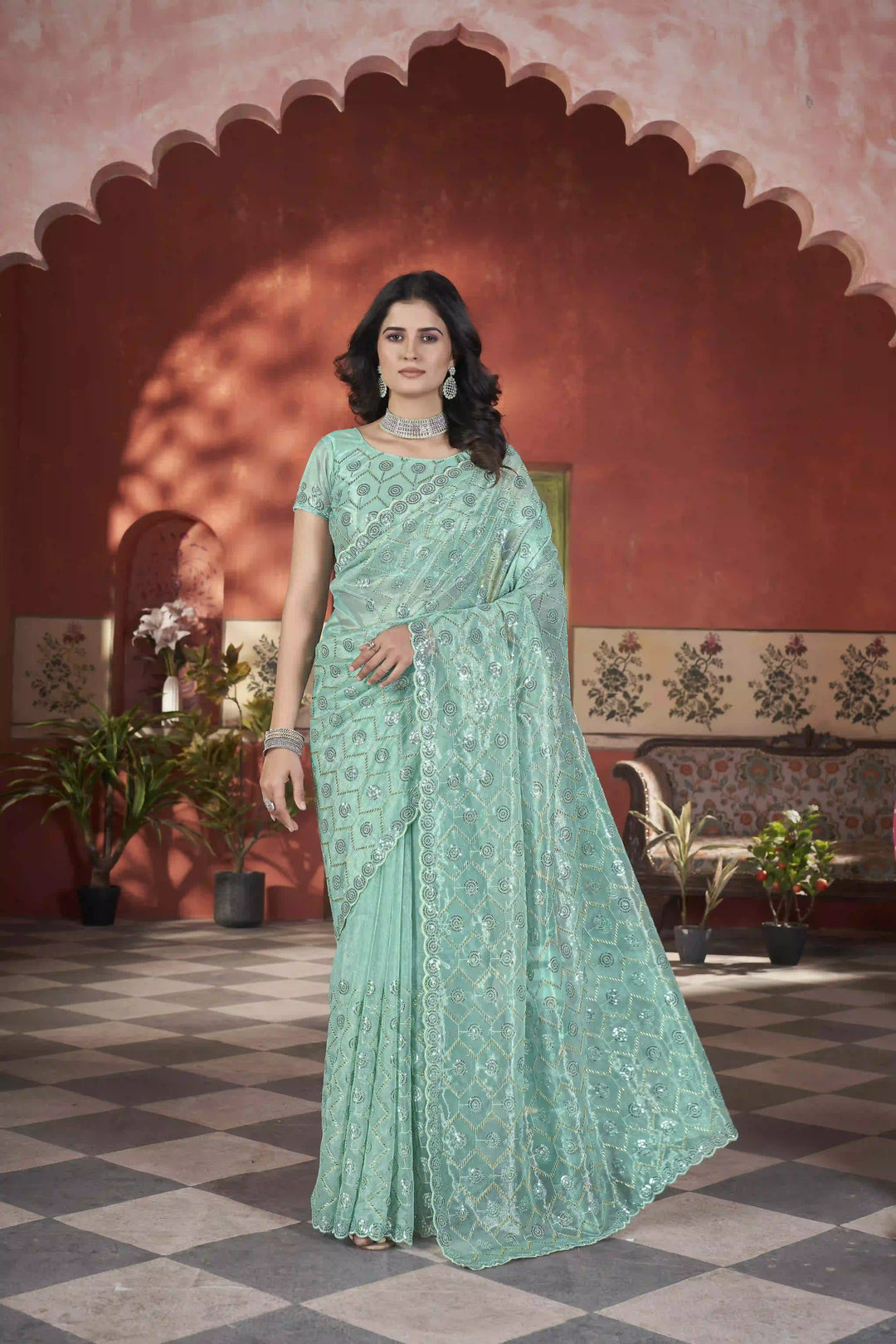 Designer Tissue Net Saree | Pite Embroidery & Sequins Festive Look
