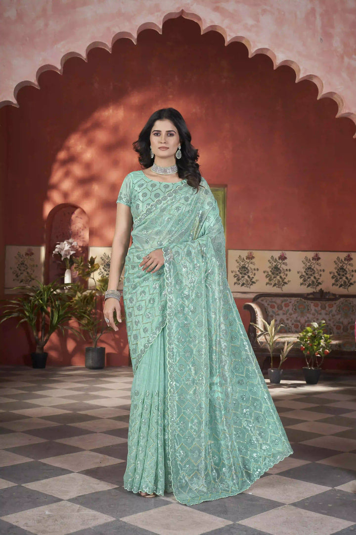 Designer Tissue Net Saree | Pite Embroidery & Sequins Festive Look