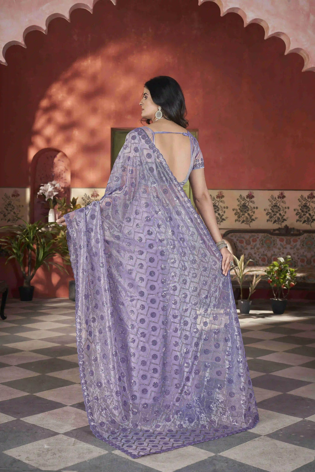 Designer Tissue Net Saree | Pite Embroidery & Sequins Festive Look
