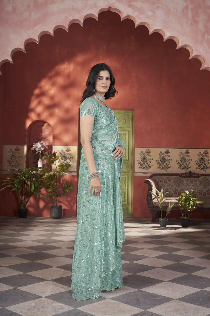 Designer Tissue Net Saree | Pite Embroidery & Sequins Festive Look