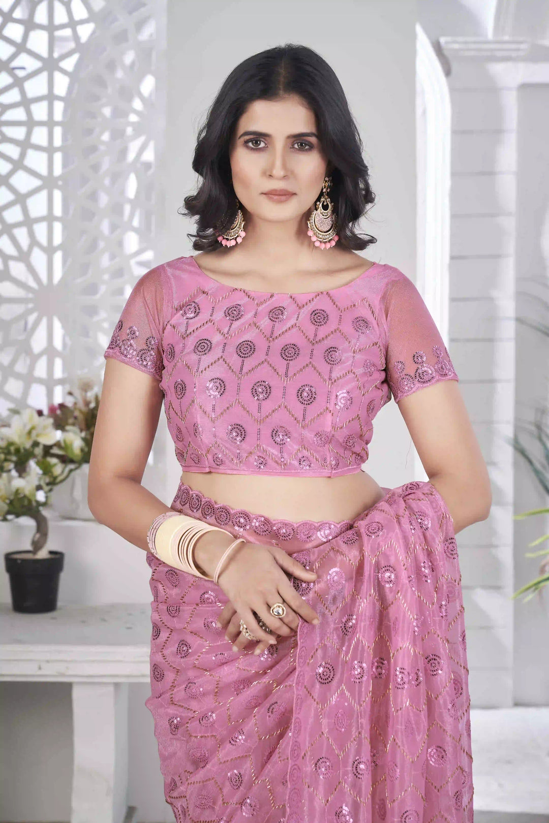 Designer Tissue Net Saree | Pite Embroidery & Sequins Festive Look